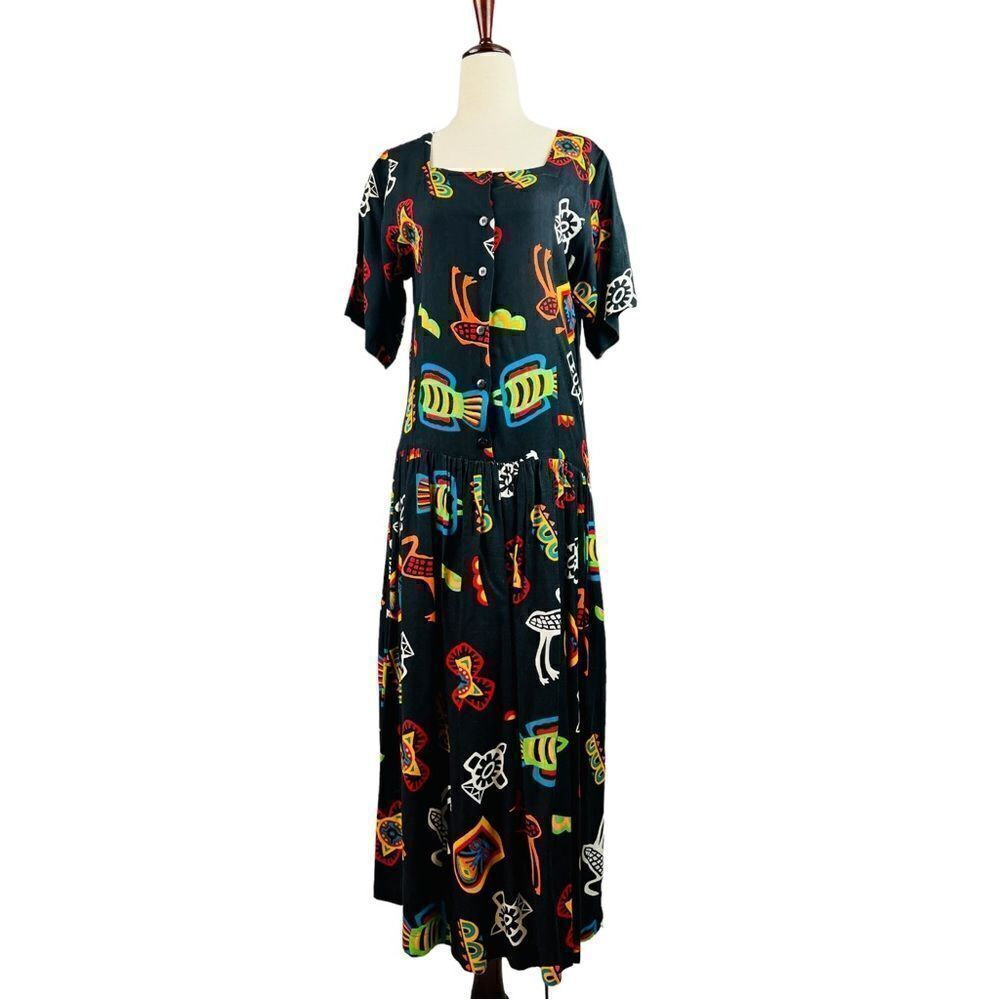 Vintage 90s Passports Colorful Totem Print Drop Waist Short Sleeve Maxi Dress